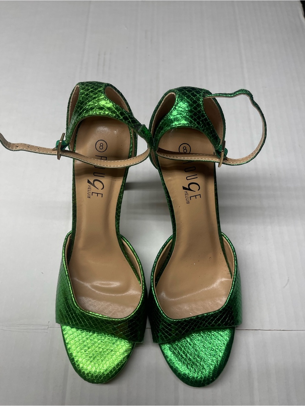 Rouge Helium Metallic Green Ankle-Strap Heels